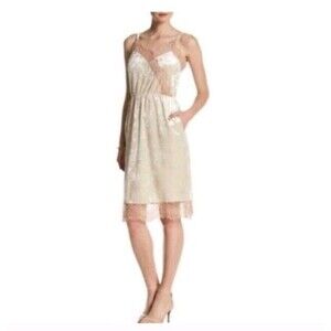 Y2K Velvet Slip Dress Women’s M Champagne Lace Trim Midi Pockets Coquette Fairy